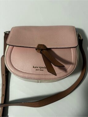 Kate Spade Pink and Brown Color Block Med. Leather Crossbody Saddle Bag